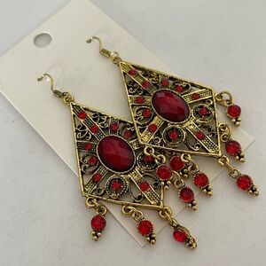 Gold and Red Dangle Statement Earrings NIP‎